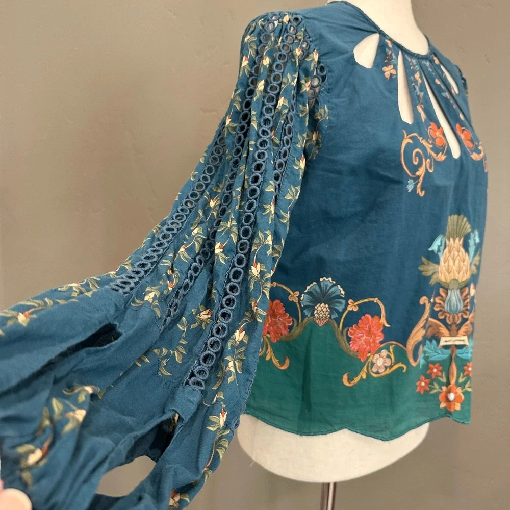 Farm Rio Cutout Blouse M Teal Blue Cutout Boho Peasant Anthropologie Romantic
